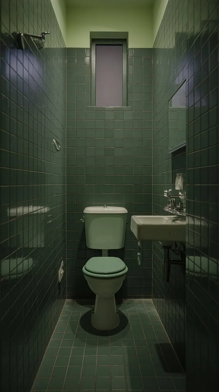 This dark green bathroom is a study in moody design. The small dark bathroom feels surprisingly spacious despite its size, thanks to the dark green tiles and soft lighting. The small toilet room is stylishly appointed, showcasing thoughtful toilet room decor within a dark bathroom.