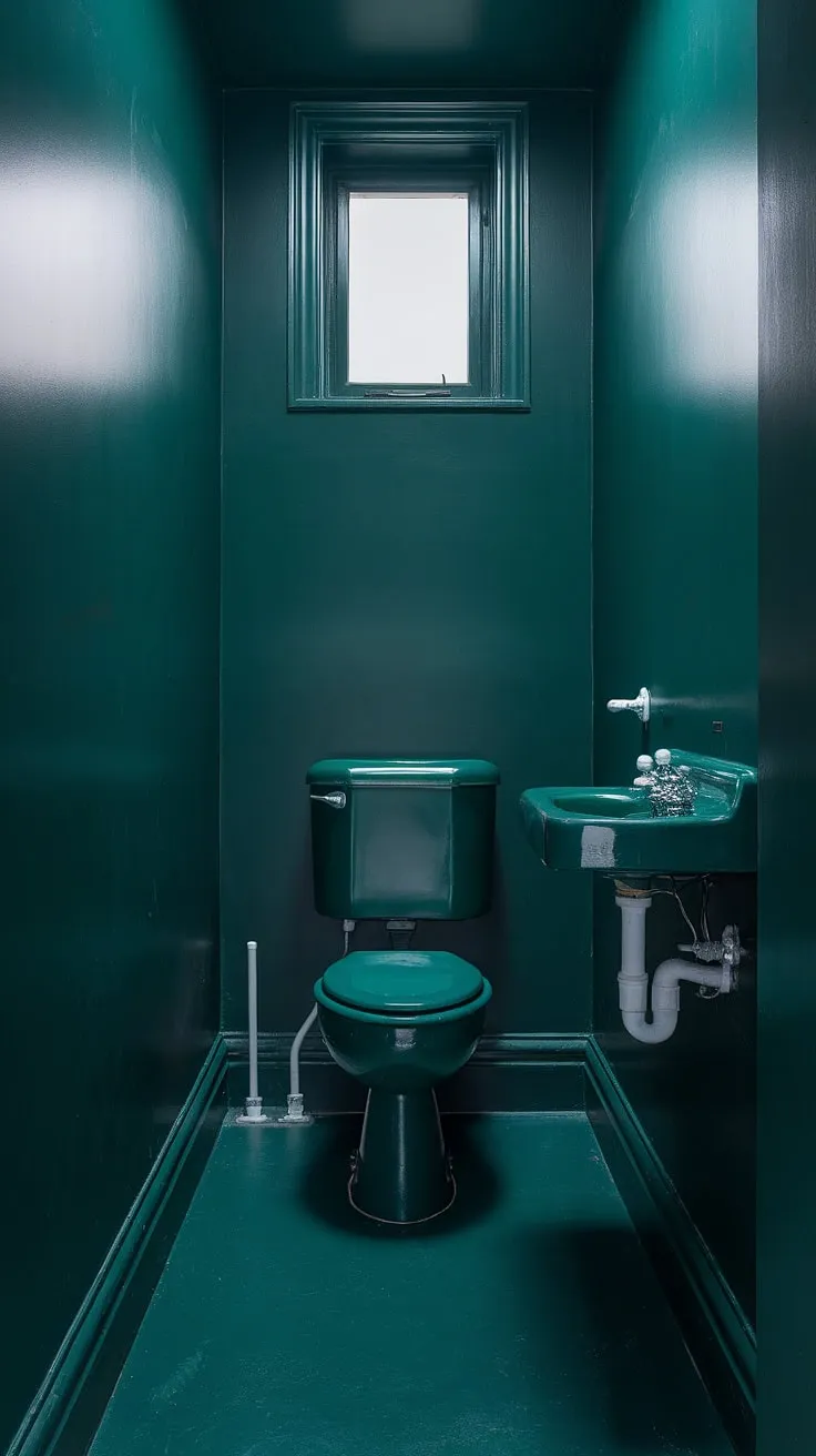 This small toilet room, painted a dramatic dark green, proves that even a dark small bathroom can be stylish. Simple toilet room decor lets the rich color take center stage in this intimate space.