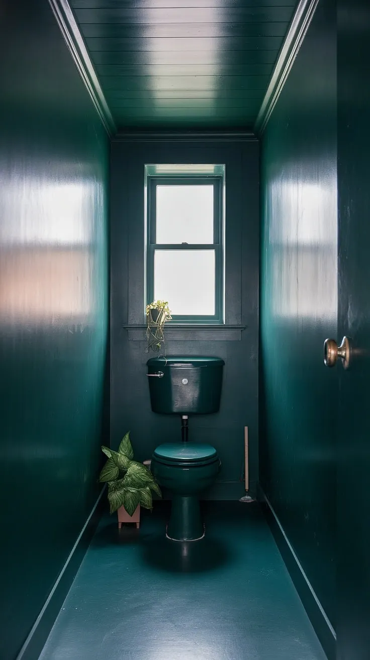 A tiny haven of tranquility: This dark green bathroom, a small dark bathroom masterpiece, showcases how a small toilet room can be transformed into a stylish and surprisingly spacious dark bathroom with thoughtful toilet room decor.