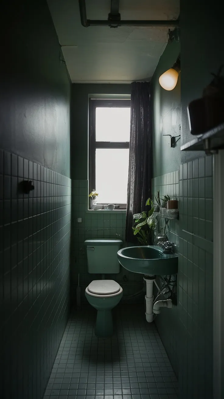 This moody bathroom, a small dark bathroom painted a deep, dark green, feels both cozy and mysterious. The small toilet room is subtly lit, showcasing the simple toilet room decor and the small dark bathroom's unique charm. A window, veiled by a curtain, hints at the world outside this intimate, dark bathroom space.