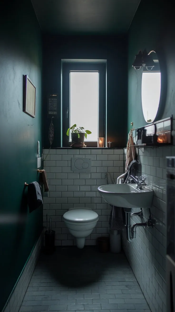 This small dark bathroom, with its dark green walls and moody atmosphere, feels surprisingly cozy. The small window lets in a sliver of light, highlighting the grey tiled floor and a small plant on the sill. Simple toilet room decor, including a candle and towel rack, adds personality to this intimate, dark bathroom space. The small toilet room is surprisingly stylish.