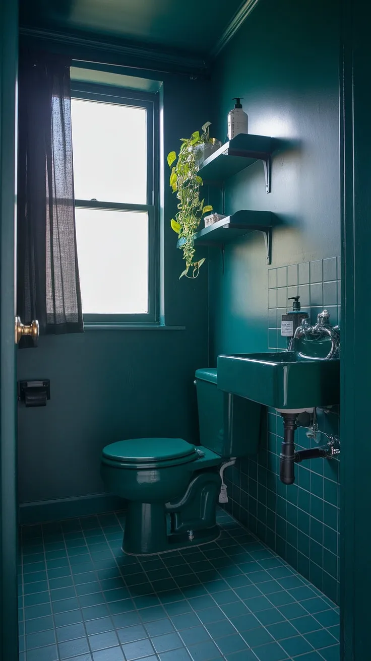 This moody dark green bathroom proves that small spaces can be incredibly stylish. The dark small bathroom's intimate atmosphere, complete with a small toilet room and thoughtful toilet room decor, is surprisingly spacious.