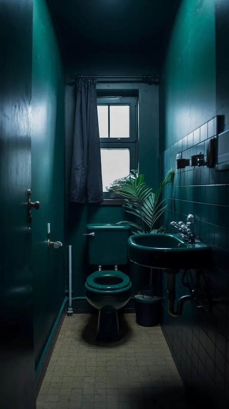 The moody atmosphere of this small dark bathroom is enhanced by the deep green walls and subtle lighting. A potted plant adds a touch of life to the otherwise dark bathroom, while beige tiles provide a warm contrast on the floor. This small toilet room showcases a unique toilet room decor, proving that even a small space can be stylish and atmospheric.