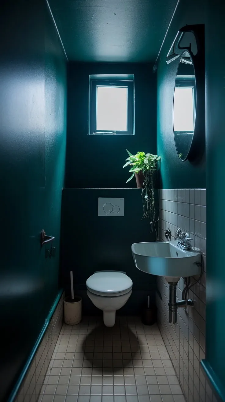 A moody bathroom, dark and small, yet surprisingly inviting. The dark green walls and limited natural light from a high window create a sense of intimacy in this small toilet room. Beige tiles ground the space, while a small plant adds a touch of life to the dark bathroom's decor.