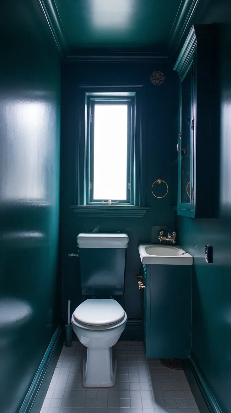 This small dark bathroom, with its dark green walls and brass accents, proves that even a small toilet room can be a sanctuary. The dark bathroom design is both stylish and functional.