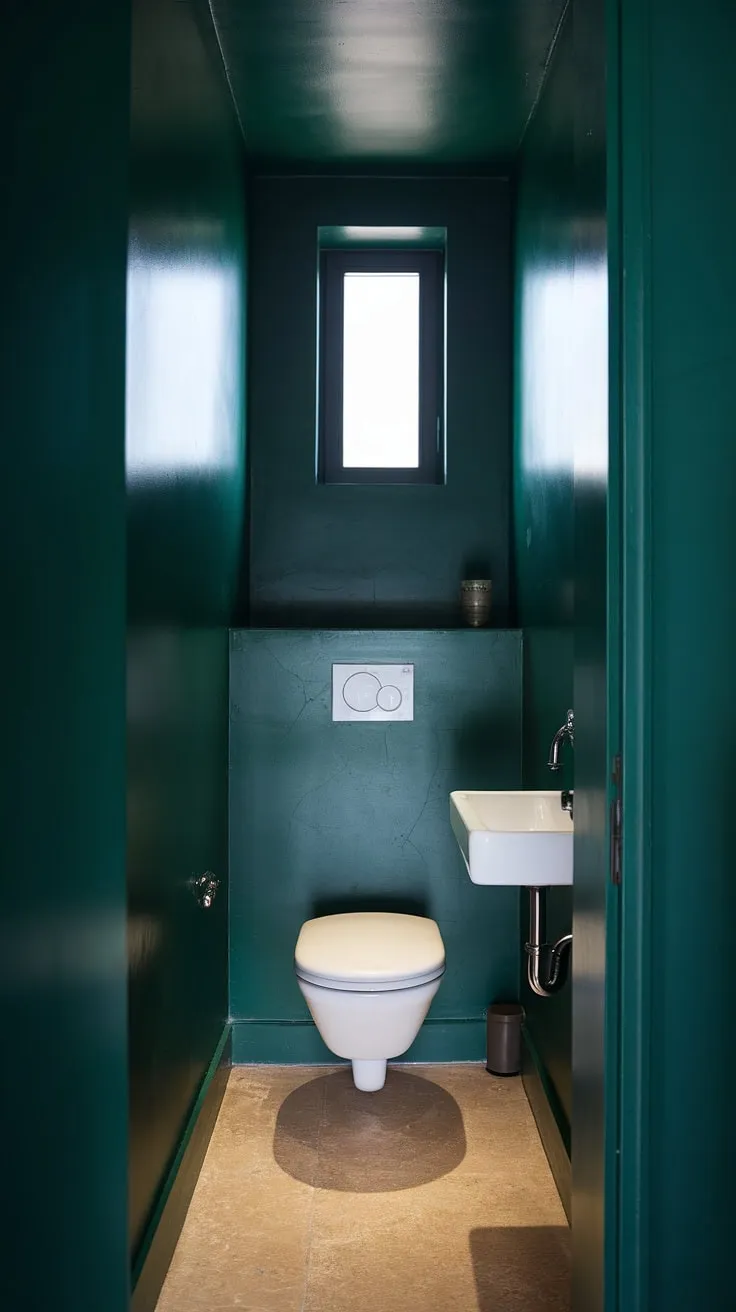 This dark green bathroom proves that even a small dark bathroom can be stylish and sophisticated. The small toilet room is a perfectly curated detail in this moody bathroom.