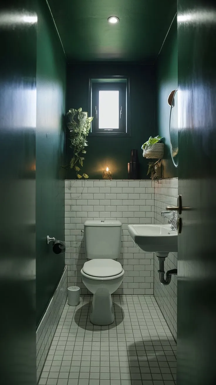 This moody bathroom proves that even a small dark bathroom can be a sanctuary. The dark green bathroom's intimate scale, accented with simple decor, transforms this small toilet room into a stylish toilet room decor haven.