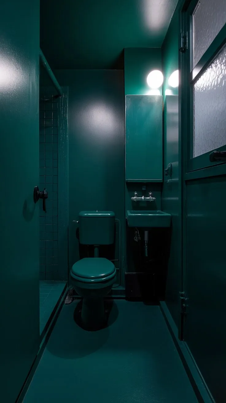 This moody bathroom, a small dark bathroom awash in a dark green hue, creates a surprisingly intimate atmosphere. The dark green walls, floor, and fixtures, along with the small toilet room's compact design, contribute to the overall sense of seclusion. A single white light above the sink offers a stark contrast, highlighting the small dark bathroom's unique toilet room decor.