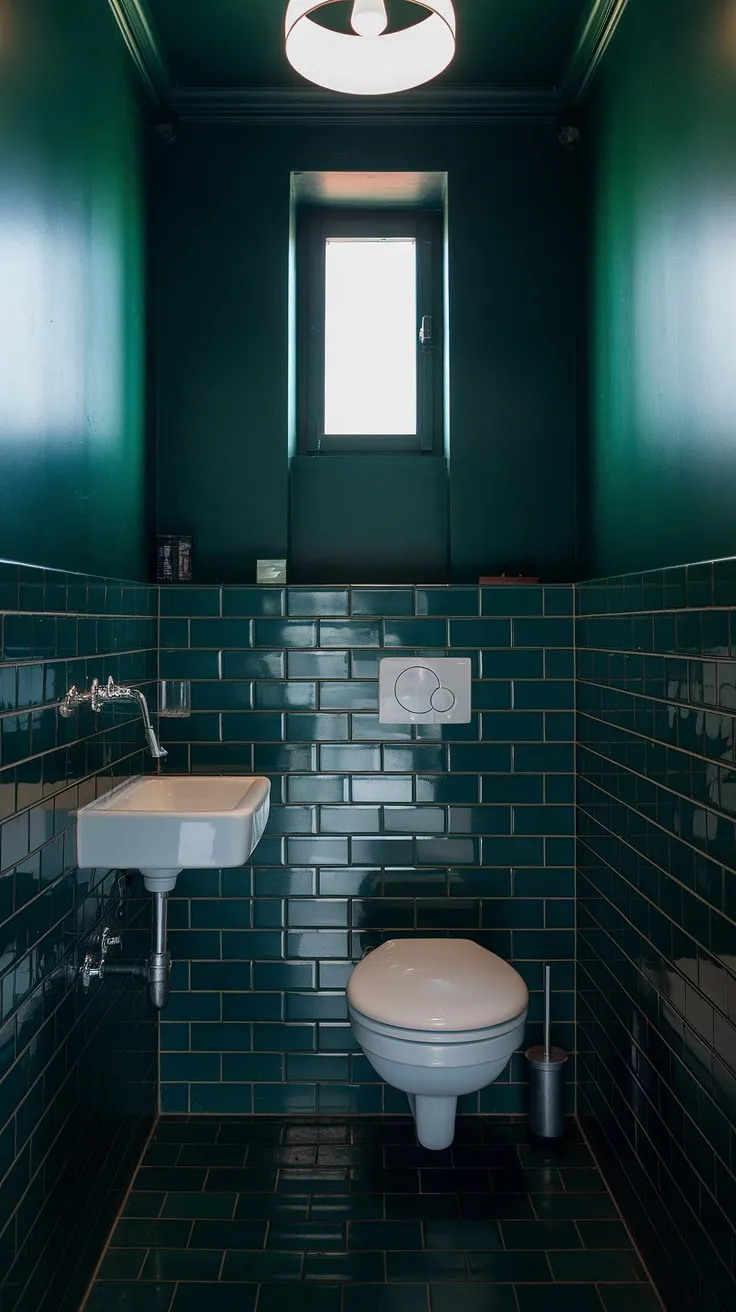 A small dark bathroom, brimming with character. This dark green bathroom's sophisticated design showcases how a small toilet room can be transformed into a sanctuary.