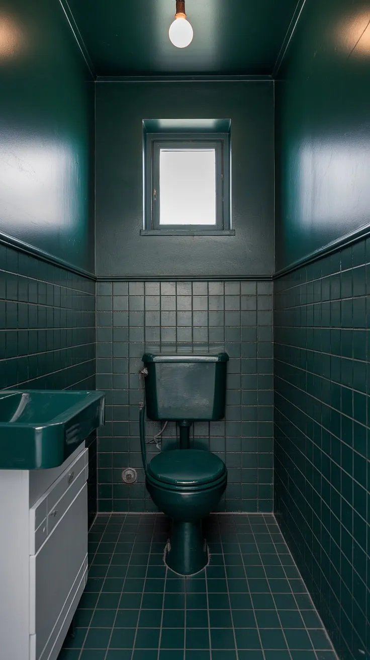 A moody bathroom, this small dark bathroom boasts a sophisticated dark green aesthetic. The dark green walls and matching toilet create a dramatic contrast with the crisp white sink and cabinet, while the small window lets in a sliver of natural light. The dark green tiled floor completes the cohesive, small toilet room decor.