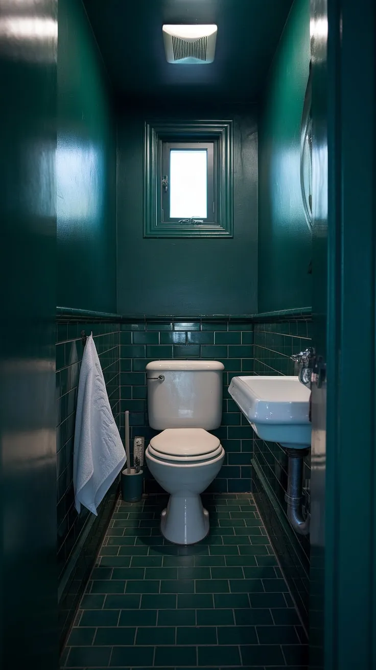 The moody atmosphere of this small dark bathroom is amplified by the deep green walls and tiled floor. A small window high on the wall offers a sliver of light, contrasting with the dark green bathroom's intimate scale. The simple white sink and hanging towel provide a touch of brightness in this small toilet room, showcasing a unique toilet room decor.
