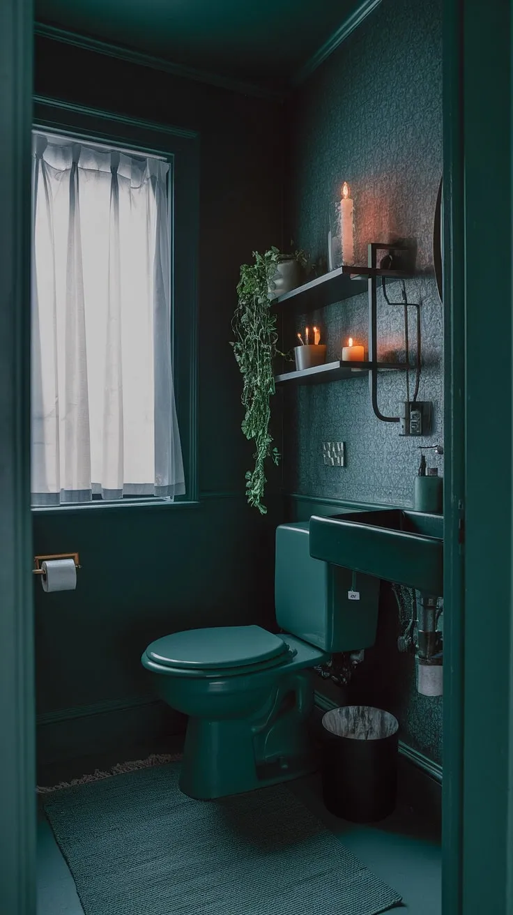 Moody magic in this dark green bathroom; a small dark bathroom with big style. The perfect small toilet room decor, proving that even a small toilet room can be a sanctuary.