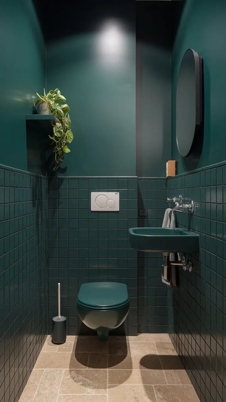 This moody bathroom proves that even a small dark bathroom can be stylish and serene. The dark green walls create a sophisticated atmosphere in this small toilet room, perfectly complemented by the beige tiles and thoughtful toilet room decor.