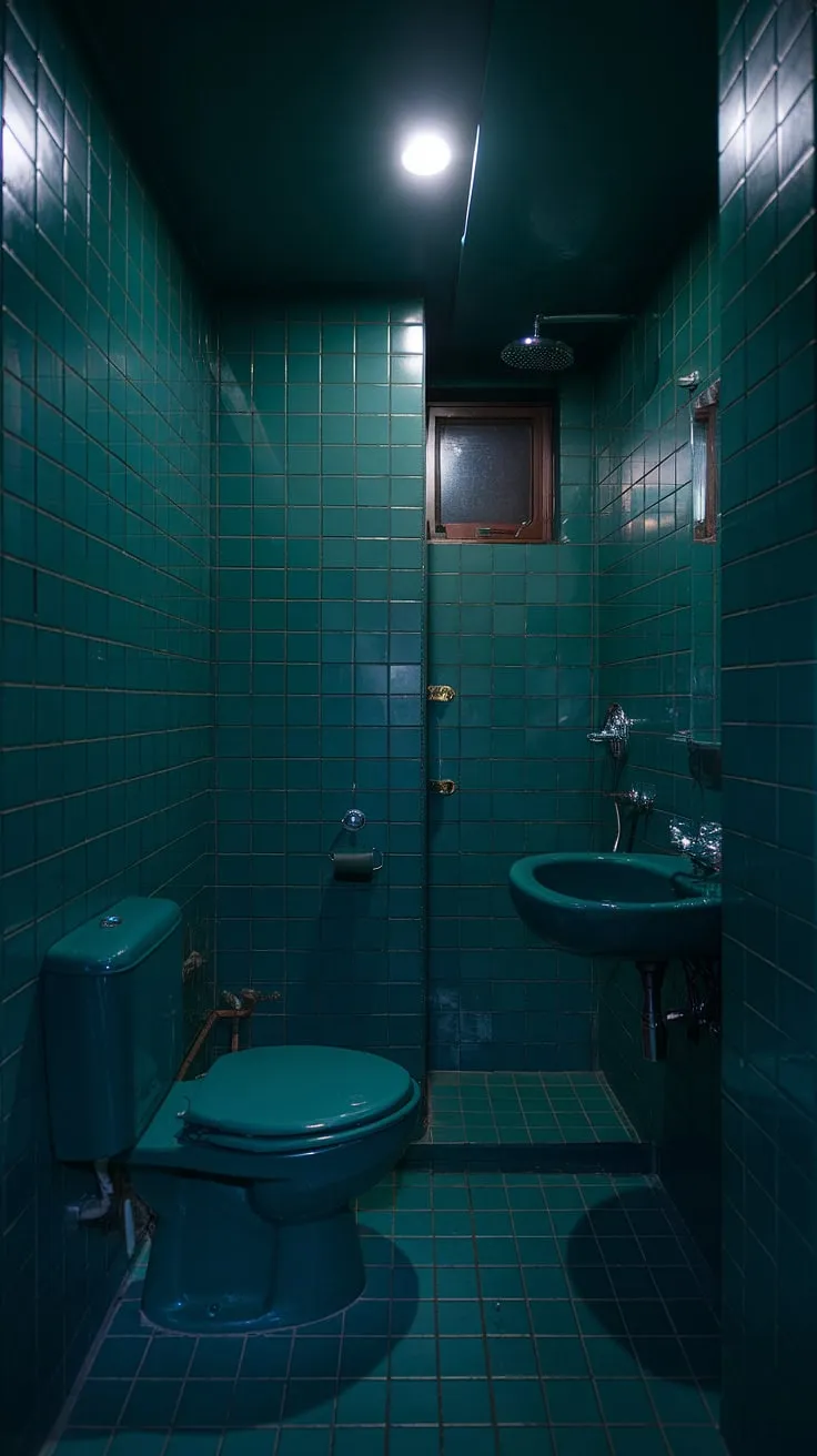 This small dark bathroom is a study in moody ambiance. The dark green bathroom's deep hues create a sense of calm and seclusion. Every detail, from the dark green tiles to the small toilet and shower, contributes to the overall feeling of this small, intimate space. The limited natural light from a high window adds to the dark bathroom's mysterious charm, making it a unique example of small toilet room decor.