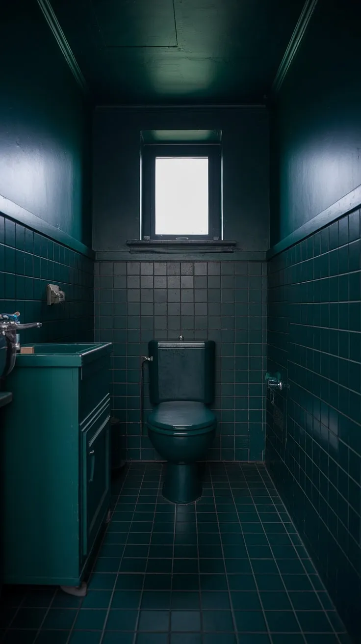 Seclusion found in this moody dark green bathroom; a small dark bathroom perfectly styled for intimate moments.
