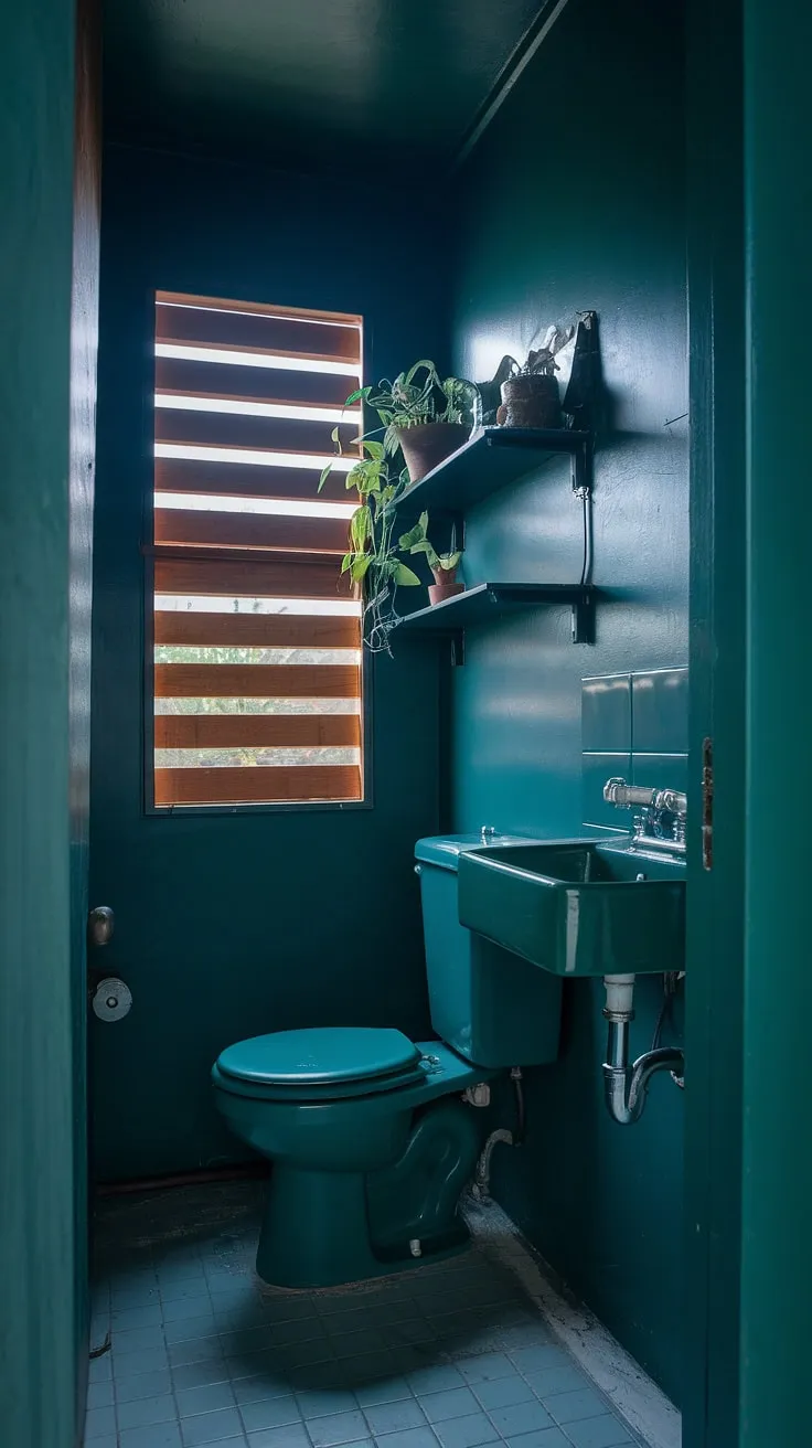 This dark green bathroom is a study in understated elegance. The small dark bathroom's dark walls and tiled floor contribute to its moody atmosphere, while the small toilet room's simple design, including a potted plant and wooden window, adds a touch of warmth. This small, dark bathroom proves that even a limited space can be transformed into a stylish and relaxing toilet room decor haven.