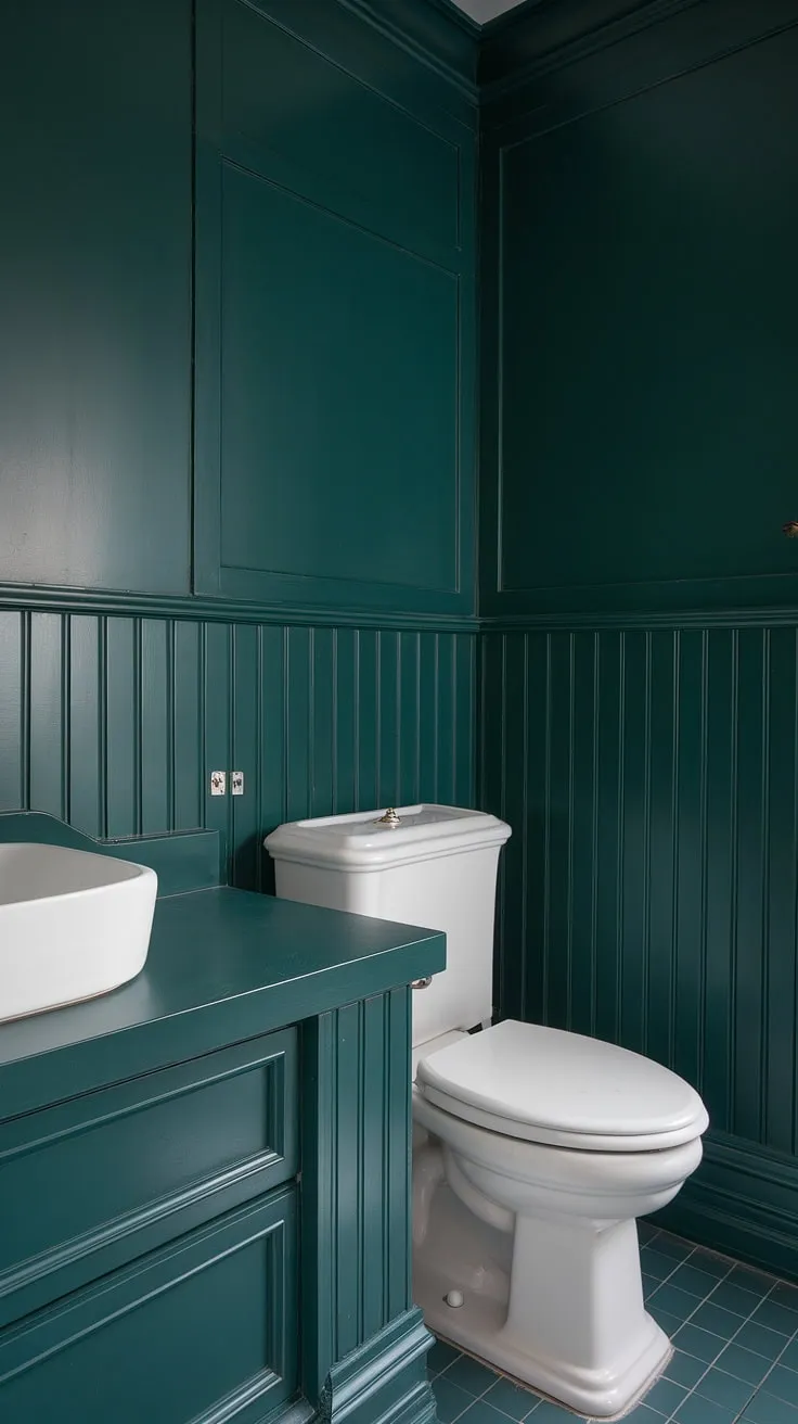 Indulge in the sophisticated serenity of this bathroom, where dark green wainscoting creates a dramatic backdrop for the crisp white fixtures.  The dark green bathroom decor, complemented by a dark countertop bathroom, elevates this space to a sanctuary of style. The bathroom wainscoting, extending from floor to a portion of the wall, adds a touch of timeless elegance.