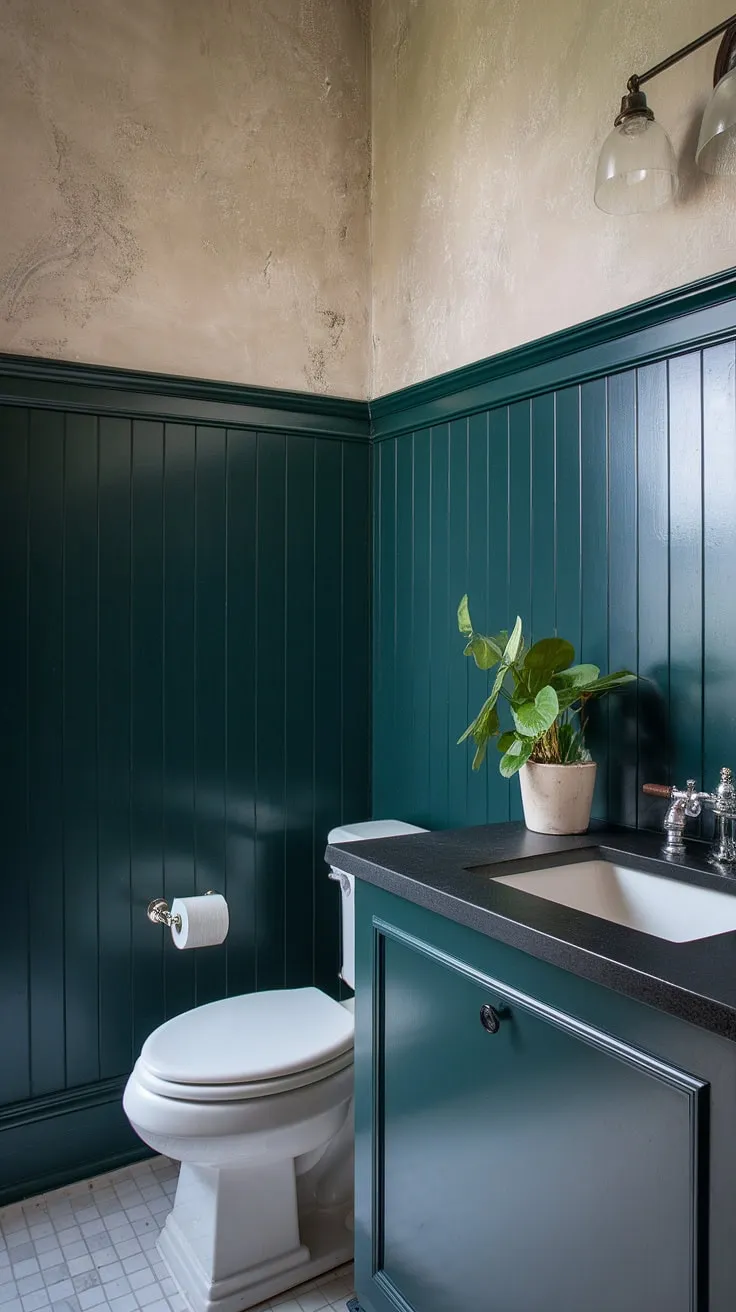 The deep, glossy sheen of the dark green wainscoting elevates this bathroom to a sanctuary of style.  The bathroom wainscoting, extending to the ceiling, makes a bold statement, perfectly complemented by the dark countertop and the clean lines of the white sink and toilet.  This dark countertop bathroom showcases the transformative power of dark green bathroom decor.