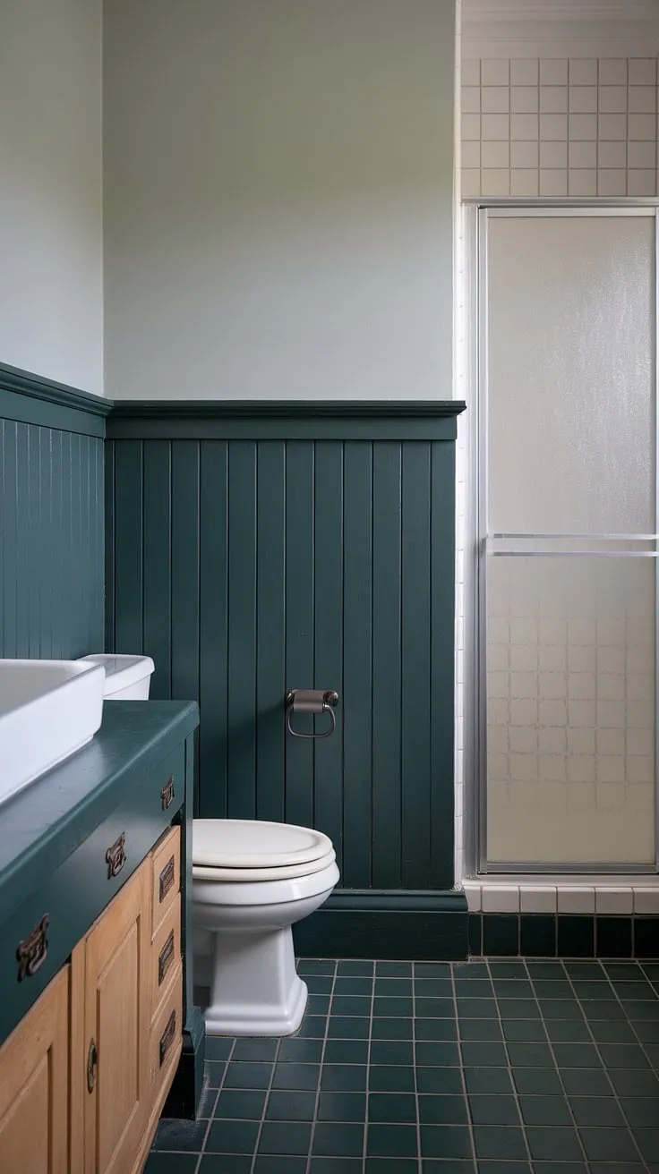 The bathroom wainscoting in this space is truly remarkable.  The rich dark green wainscoting, extending from floor to mid-wall, anchors the dark green bathroom decor.  Paired with a dark countertop bathroom and grey walls, this design is both luxurious and inviting. The dark wainscoting is a bold choice that pays off beautifully.