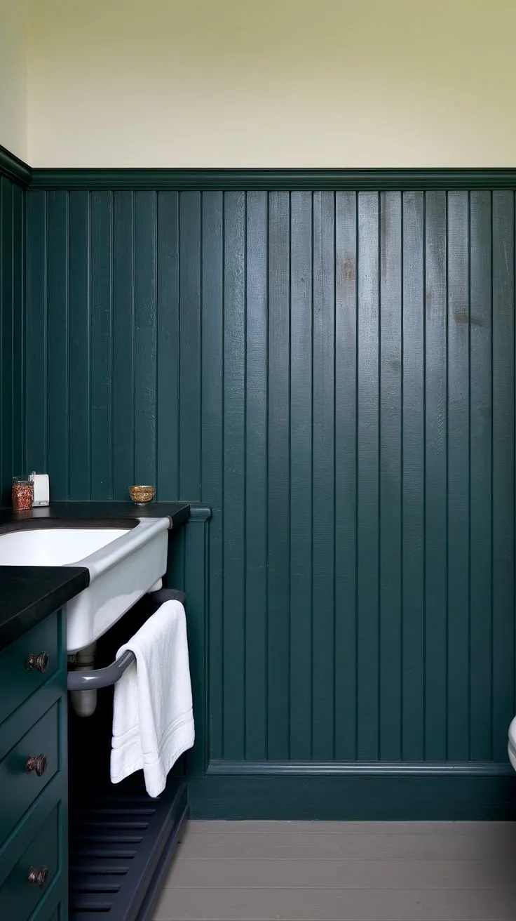 This bathroom's stunning dark green wainscoting is the focal point, a bold choice that elevates the space. The dark countertop bathroom design and white accents create a striking contrast, showcasing the beauty of the green wainscoting and the overall bathroom wainscoting design.