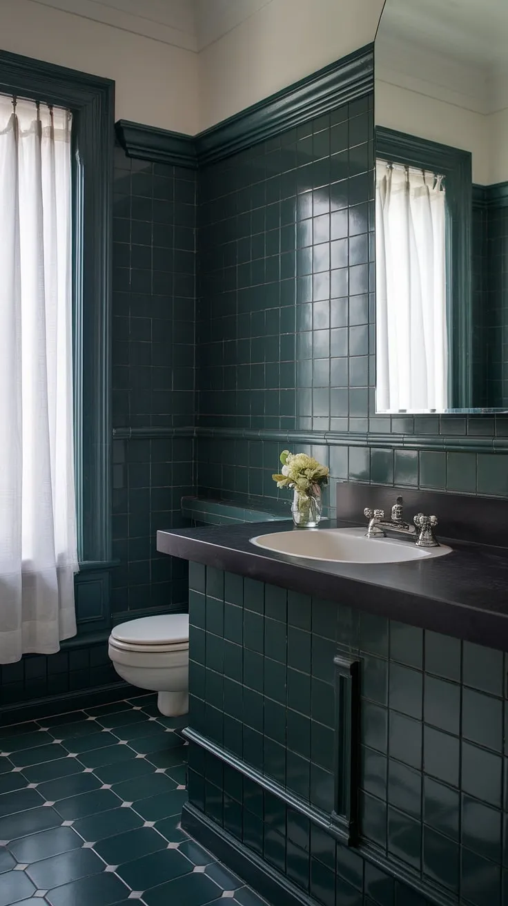 This bathroom's dark green wainscoting is the star of the show.  The deep green hues, from the bathroom wainscoting to the dark countertop bathroom, create a luxurious and moody atmosphere, perfectly complemented by the white fixtures and sheer curtains letting in natural light.  A stunning example of dark green bathroom decor.