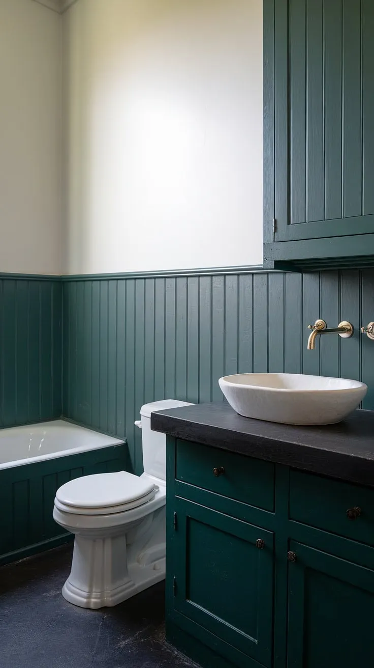 Indulge in the sophisticated serenity of this bathroom, where dark green wainscoting creates a dramatic backdrop for the dark countertop bathroom. The rich green wainscoting, extending from floor to cabinet, adds depth and character, beautifully contrasted by the crisp white upper walls.  A perfect example of dark green bathroom decor.