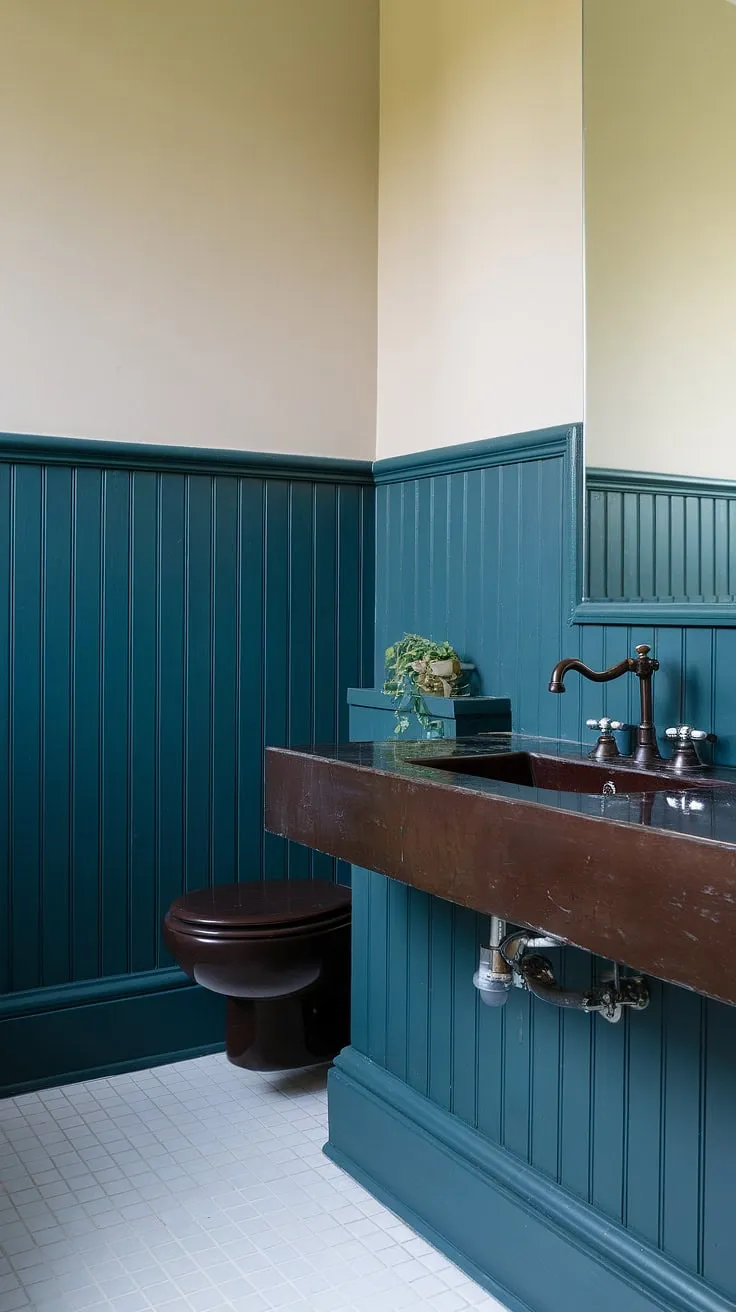 Indulge in the sophisticated serenity of this bathroom, where dark green wainscoting creates a dramatic backdrop for the dark countertop bathroom. The rich green wainscoting, extending from floor to counter, adds depth and character to this calming space.