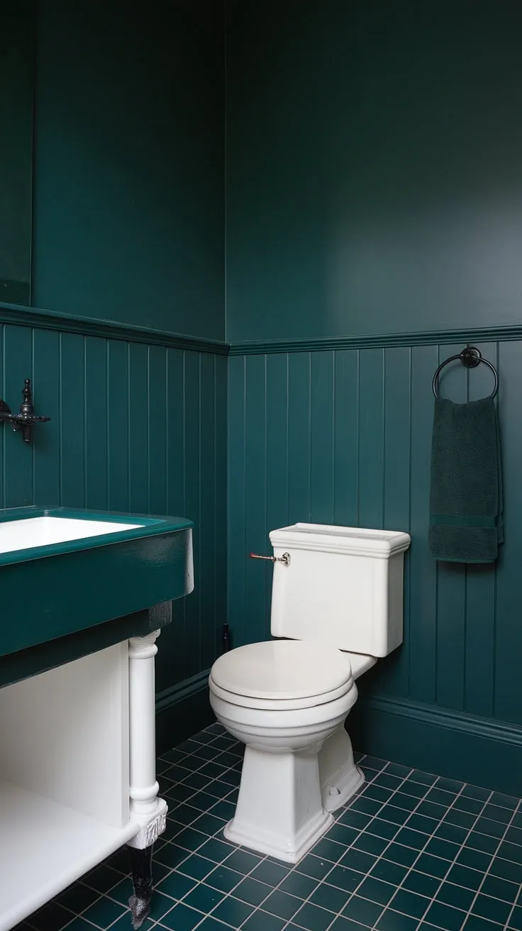 This bathroom's dark green wainscoting is the star of the show, a bold design choice that elevates the entire space.  The dark countertop bathroom and matching towel add to the cohesive dark green bathroom decor, while the white sink and toilet provide a refreshing contrast. The bathroom wainscoting, reaching the ceiling, creates a truly immersive and elegant atmosphere.