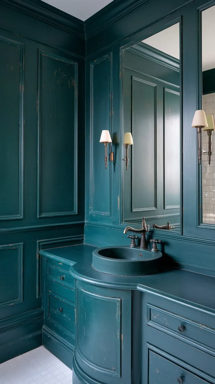 This bathroom wainscoting is a statement piece. The dark wainscoting, in a deep, luxurious green, envelops the space, creating a truly immersive experience.  The dark green bathroom decor is completed with a matching dark countertop bathroom, showcasing a cohesive and elegant design.