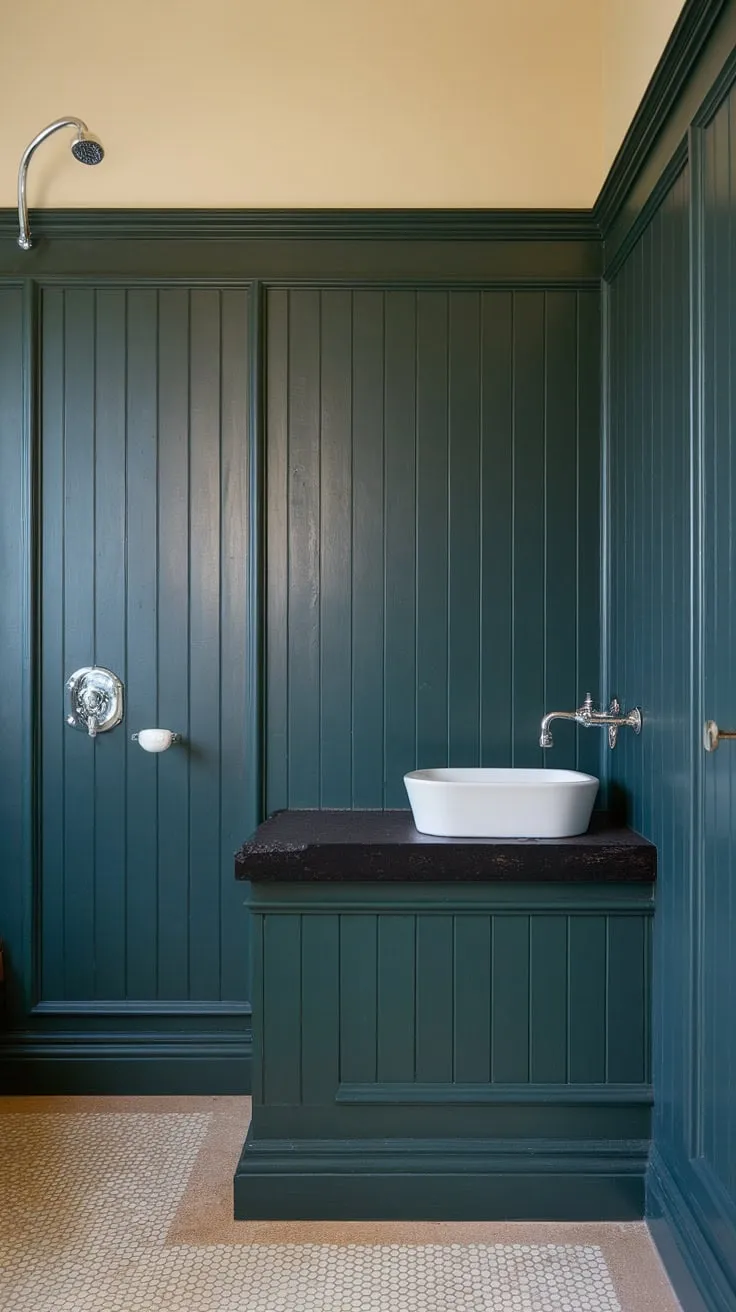 Indulge in the sophisticated serenity of this bathroom, where dark green wainscoting creates a dramatic backdrop for the sleek dark countertop and white fixtures. The rich green wainscoting, extending to the ceiling, adds depth and character to this calming space, a perfect example of dark green bathroom decor.