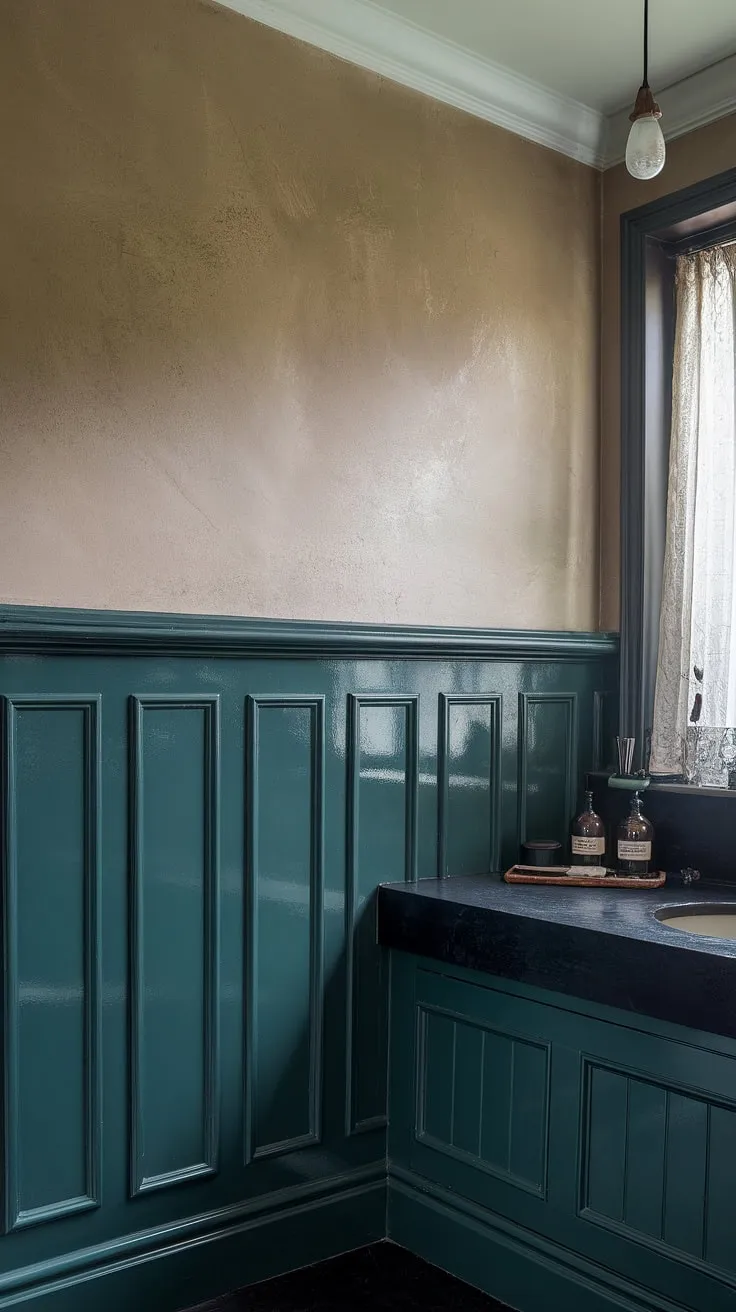 This dark green bathroom decor is a masterclass in moody elegance.  The dark green wainscoting, extending from floor to ceiling, commands attention, while the dark countertop bathroom provides a practical and stylish contrast.  The interplay of textures and the rich, dark green wainscoting creates a truly captivating atmosphere.