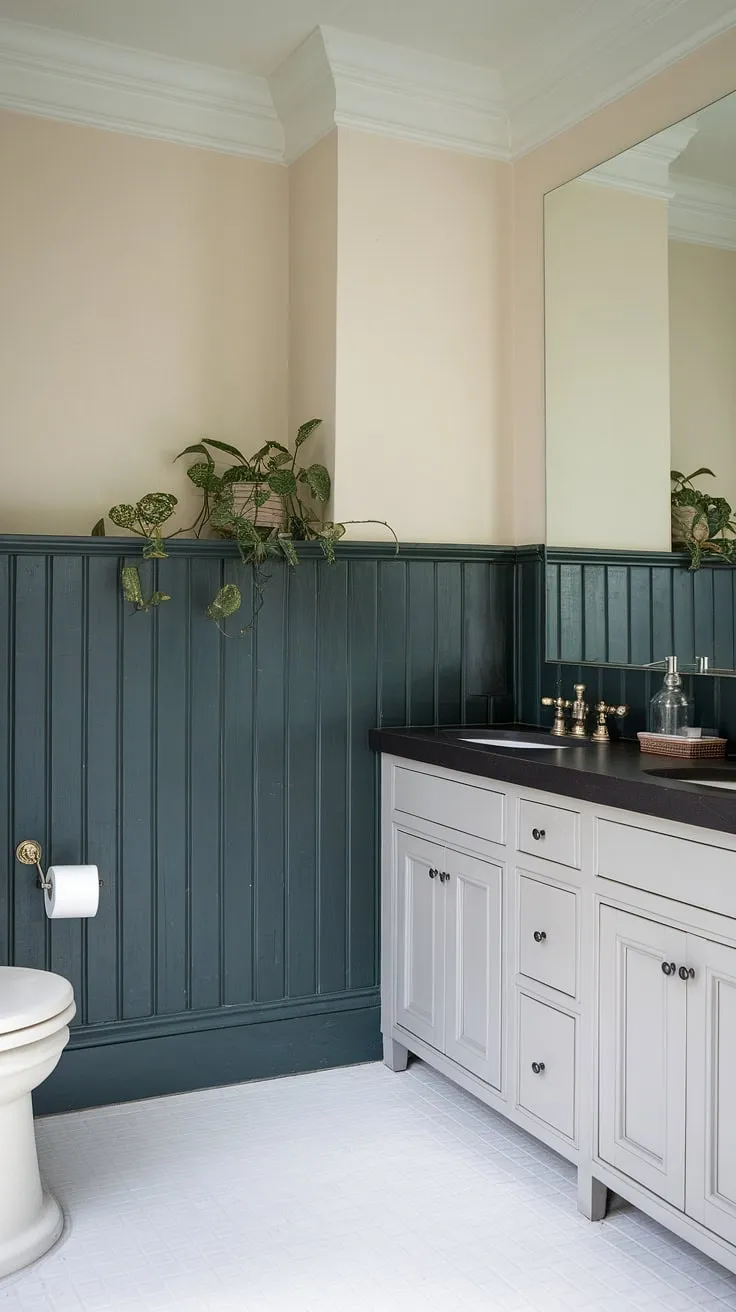 This dark green wainscoting transforms the bathroom into a sophisticated sanctuary. The dark countertop and green wainscoting create a luxurious contrast against the white vanity and tiles, while the beige walls add a touch of warmth.  The dark green bathroom decor is effortlessly chic.