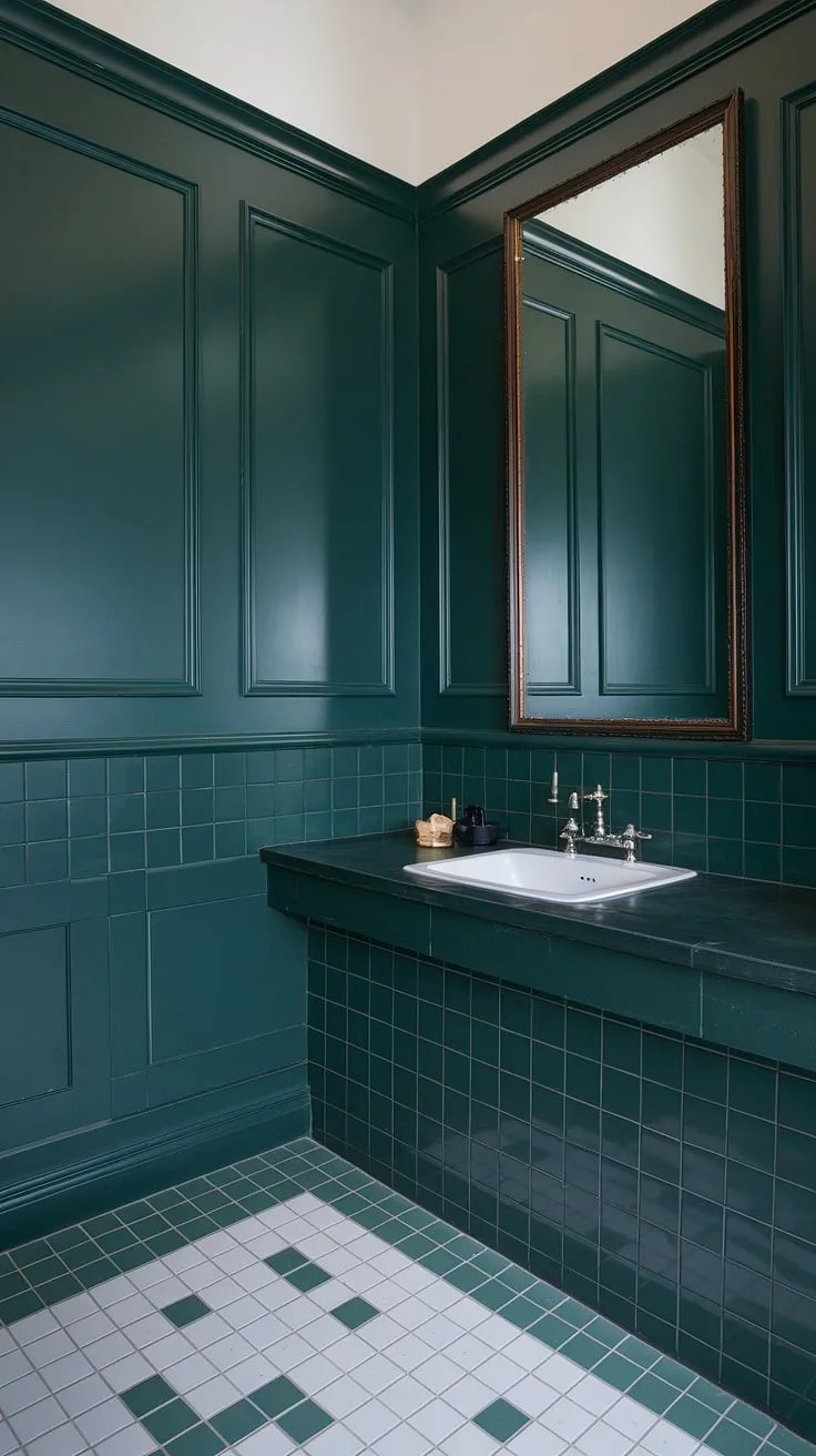 The rich, dark green wainscoting transforms this bathroom into a sanctuary of style.  The dark green bathroom decor is elevated by the dark countertop bathroom, while the gold-framed mirror adds a touch of unexpected glamour.  This bathroom wainscoting is a stunning example of how to use dark wainscoting to create a truly luxurious space.