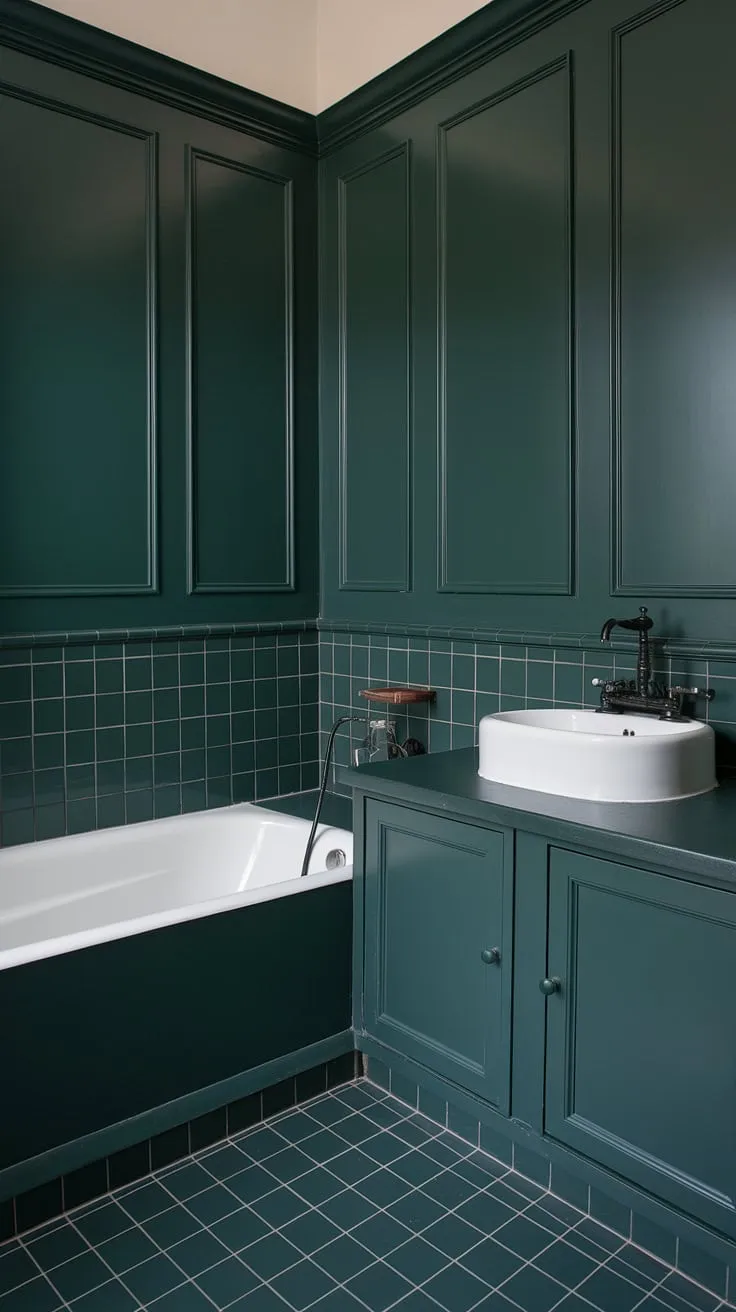 This bathroom wainscoting is anything but ordinary.  The dark wainscoting, a deep shade of dark green, envelops the space, creating a calming and intensely stylish atmosphere. The dark countertop bathroom and patterned floor complete the rich, cohesive dark green bathroom decor.