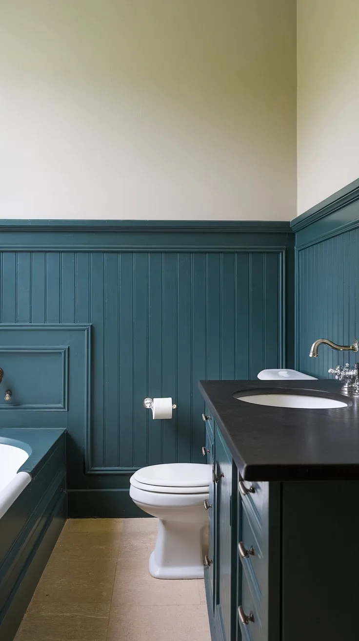 This bathroom's dark green wainscoting is a stunning focal point, extending from floor to halfway up the wall before giving way to a softer beige. The dark countertop bathroom perfectly complements the green wainscoting, resulting in a space that's both stylish and functional.  The bathroom wainscoting is a masterclass in sophisticated design.