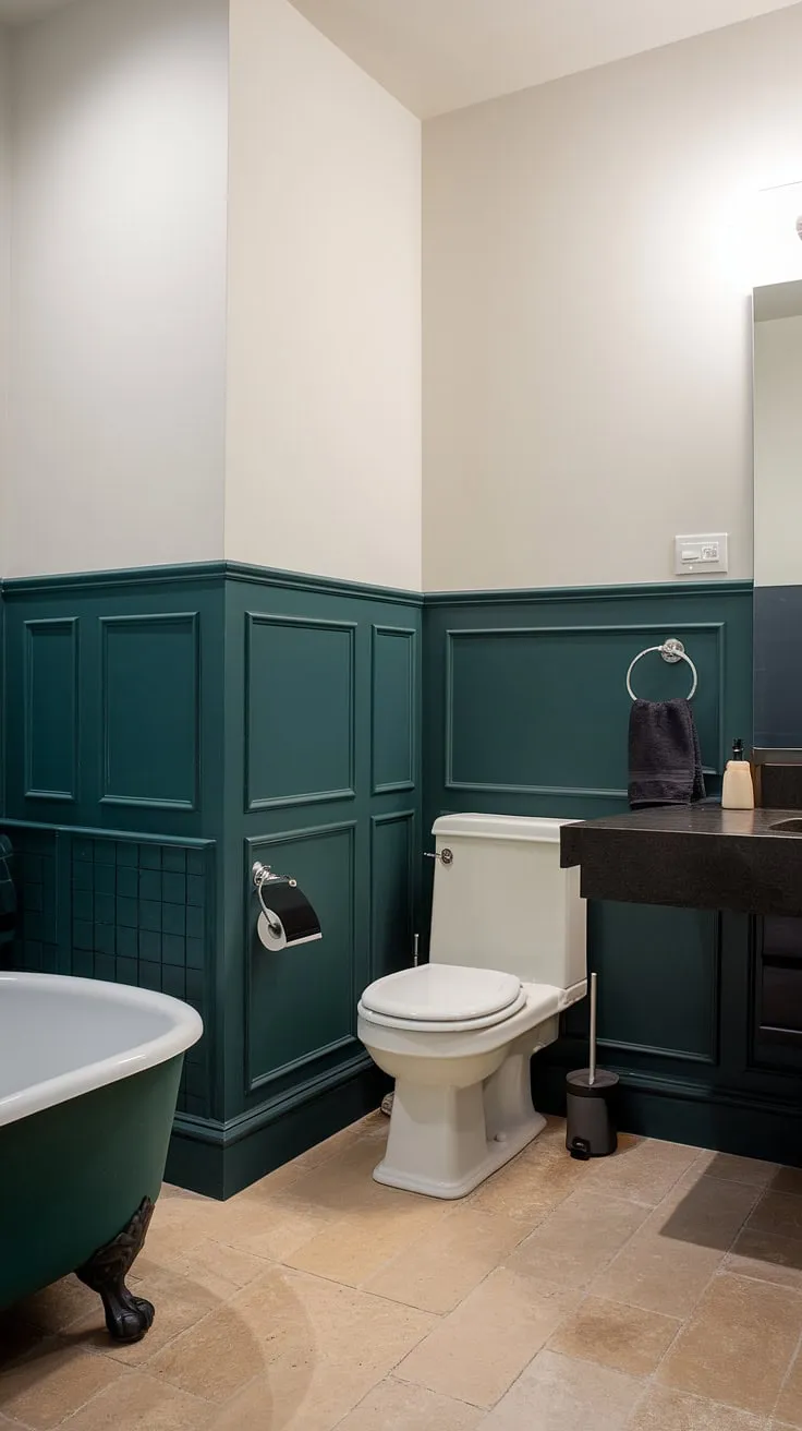 This dark green bathroom decor is a masterclass in moody elegance. The dark green wainscoting, extending halfway up the walls, is perfectly complemented by the dark countertop bathroom and a sleek white fixture palette.  The result? A stunning space where the green wainscoting is the undeniable star, creating a sanctuary of calm and sophistication.