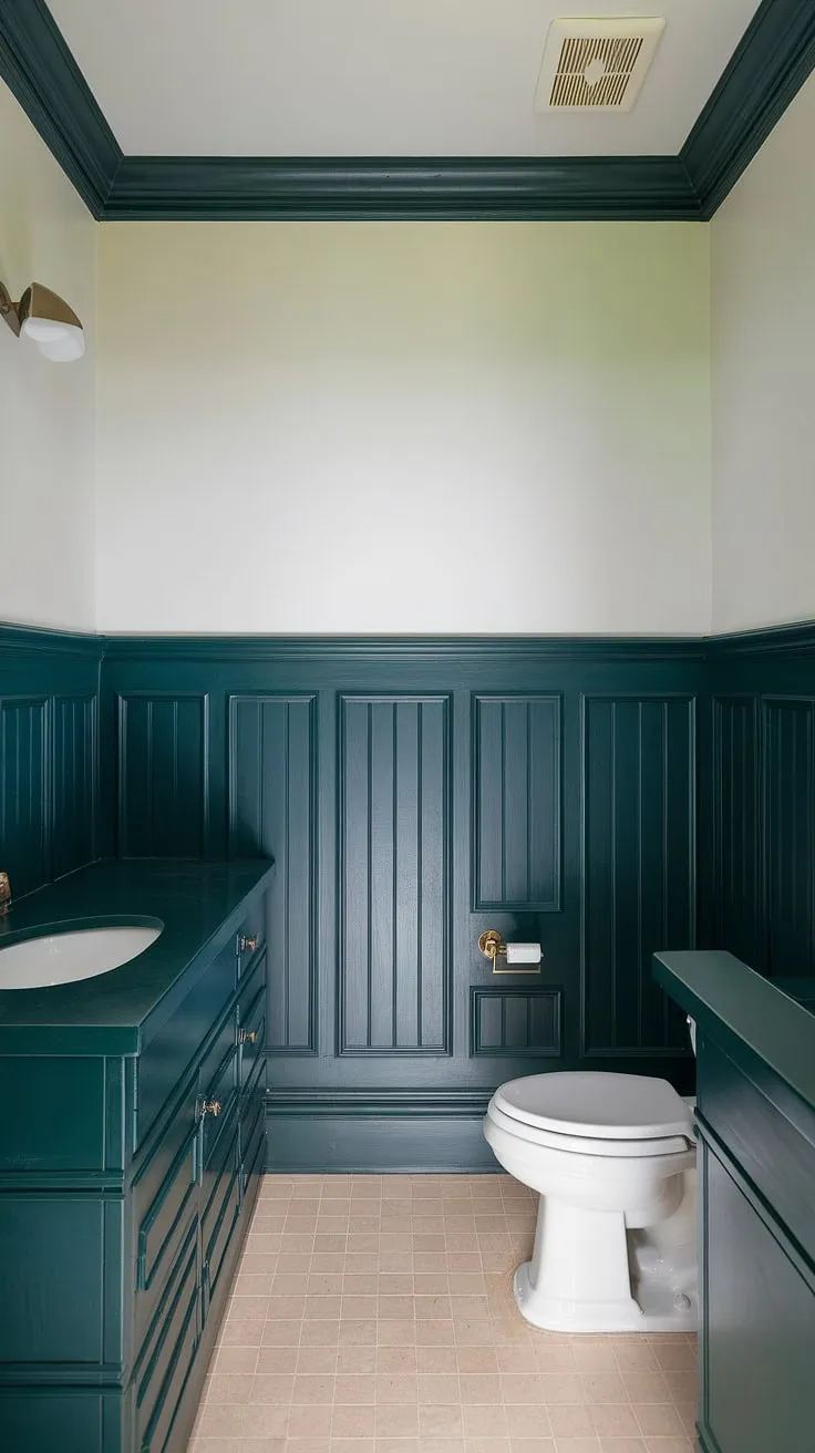 This dark green bathroom decor is a masterclass in sophisticated style. The dark green wainscoting, extending to the ceiling, creates a dramatic backdrop, beautifully complemented by the dark countertop bathroom and matching cabinetry.  The beige tile floor and white sink offer a perfect contrast, showcasing the rich depth of the green wainscoting.