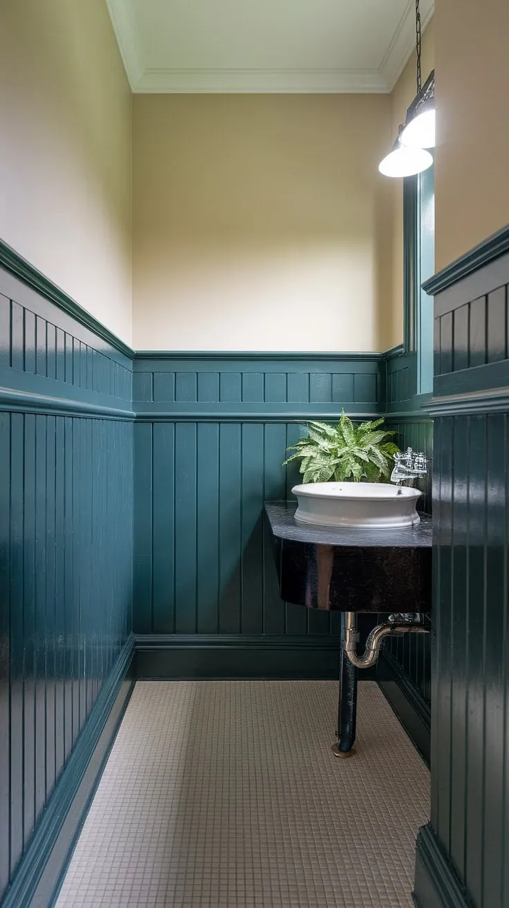 The rich, dark green wainscoting creates a sophisticated backdrop for this bathroom, perfectly complemented by the dark countertop and a touch of greenery.  The dark green bathroom decor feels both modern and timeless.