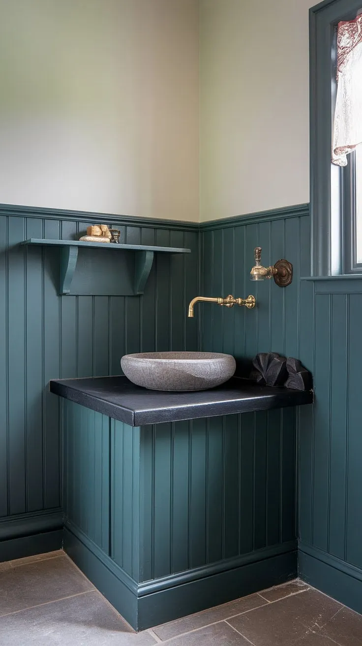 Indulge in the sophisticated serenity of this bathroom, where dark green wainscoting creates a dramatic backdrop for the dark countertop bathroom. The rich green wainscoting adds depth and character, while the lighter upper walls maintain a sense of airy spaciousness.  This dark green bathroom decor is the perfect blend of moody elegance and modern comfort.