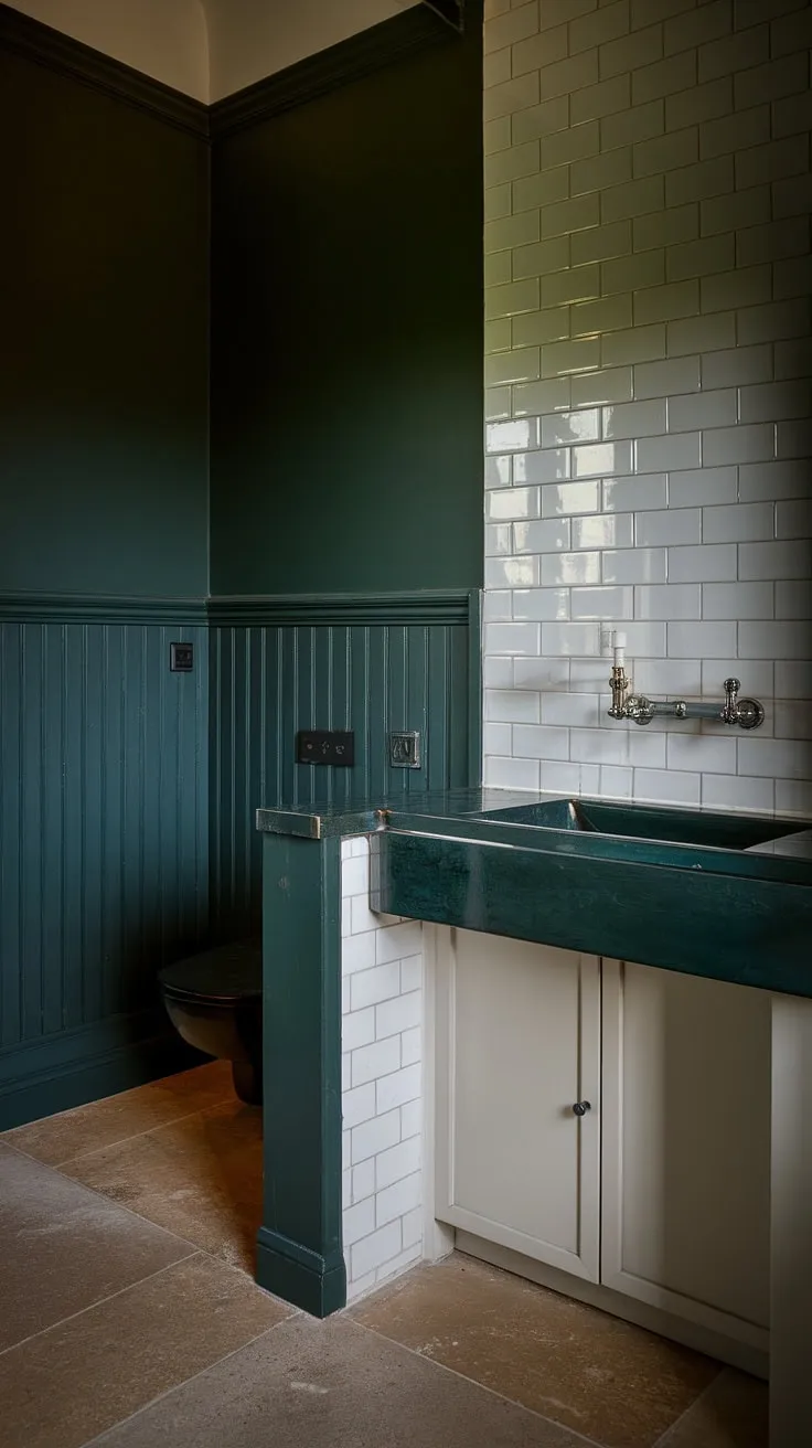 This bathroom wainscoting is a statement piece. The rich dark green wainscoting and dark countertop bathroom create a moody and elegant atmosphere.  The contrast with the white sink and backsplash adds a touch of brightness, making this dark green bathroom decor truly unforgettable.