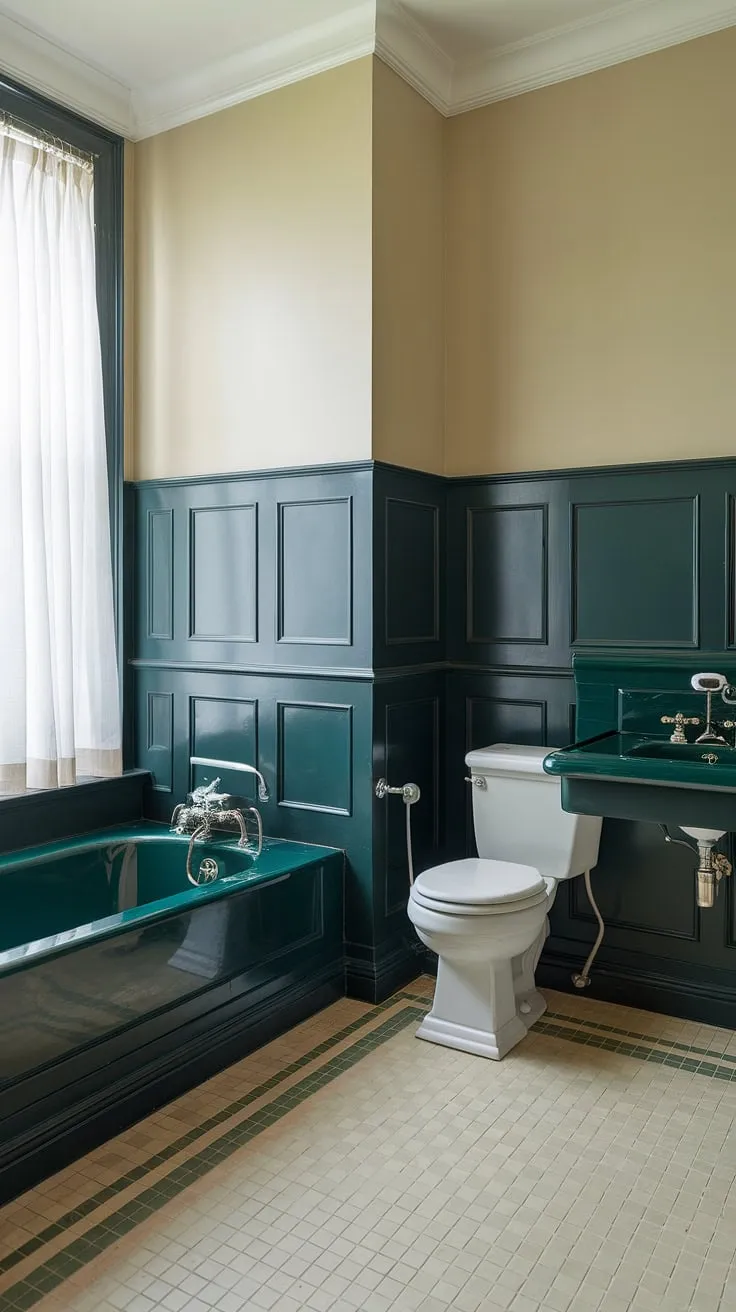 This bathroom's rich dark green wainscoting, extending from floor to ceiling, is the star of the show.  The dark green bathroom decor is both luxurious and inviting, with the bathroom wainscoting setting the tone for a space that's both stylish and relaxing. The green wainscoting perfectly complements the dark countertop bathroom and the patterned floor.