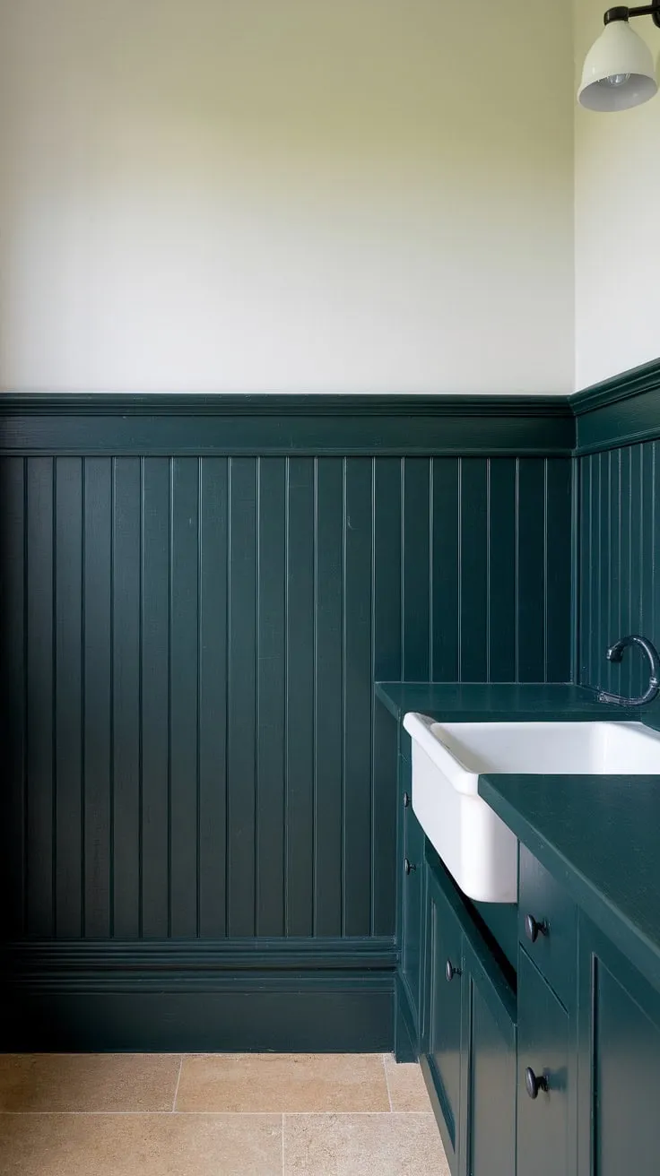 The dark green wainscoting creates a sophisticated backdrop for this bathroom's serene white upper walls, complemented by the dark countertop and matching cabinetry.  A perfect example of dark green bathroom decor, the rich green tones are balanced beautifully by the light beige tiles and white fixtures.