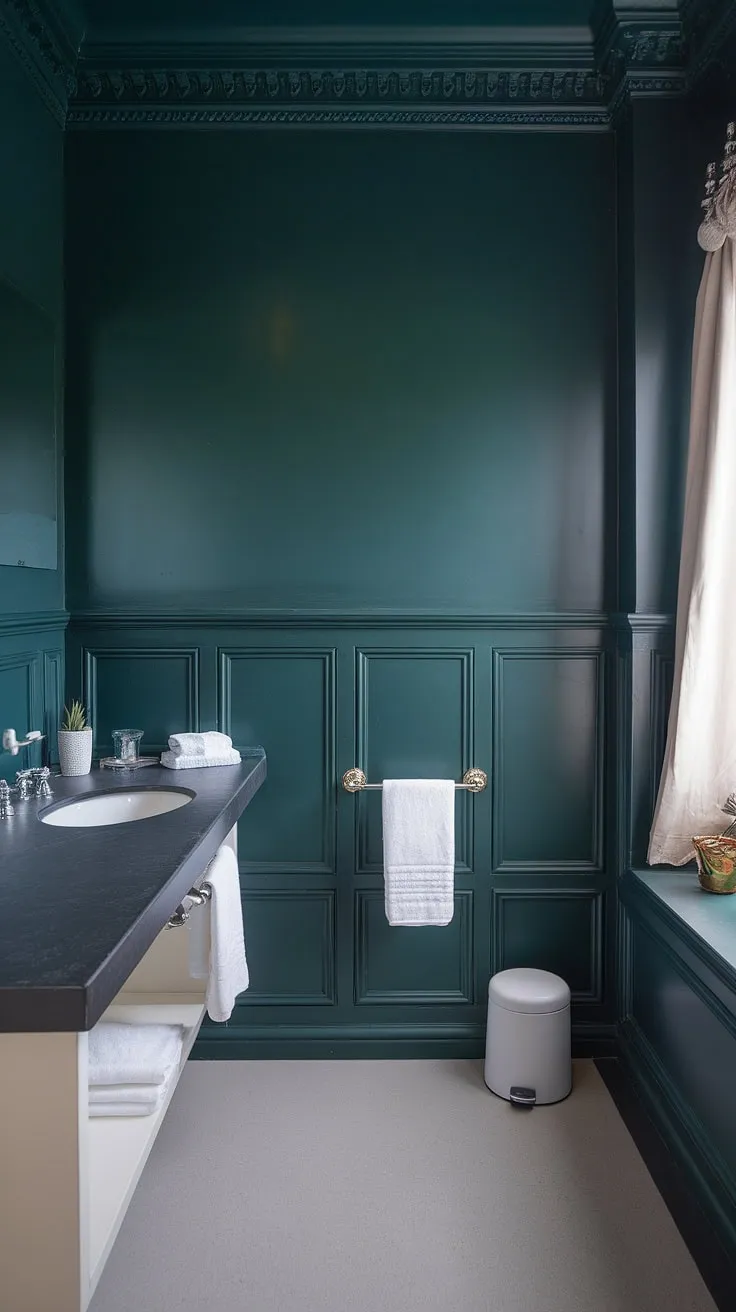 Indulge in the sophisticated serenity of this bathroom, where dark green wainscoting creates a dramatic backdrop for the dark countertop bathroom and crisp white sink. The rich green wainscoting, extending to the ceiling, adds depth and character to this calming space.
