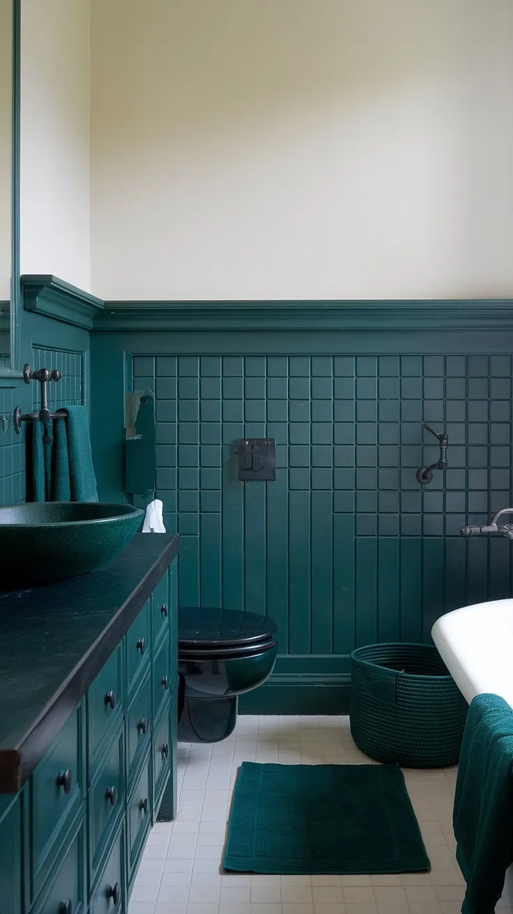 This bathroom's stunning dark wainscoting, a deep shade of green, is the star of the show.  The bathroom wainscoting, paired with a dark countertop and coordinating accessories, delivers a luxurious and unexpectedly refreshing take on dark green bathroom decor. The green wainscoting's impact is undeniable.