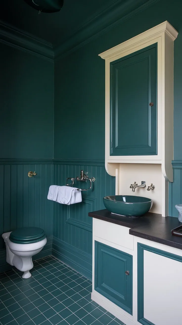 This bathroom's striking dark green wainscoting, extending from floor to ceiling, sets a luxurious tone. The dark countertop bathroom vanity and coordinating green accents create a cohesive and captivating space.  The bathroom wainscoting is the undeniable star, showcasing a bold yet refined dark green bathroom decor.