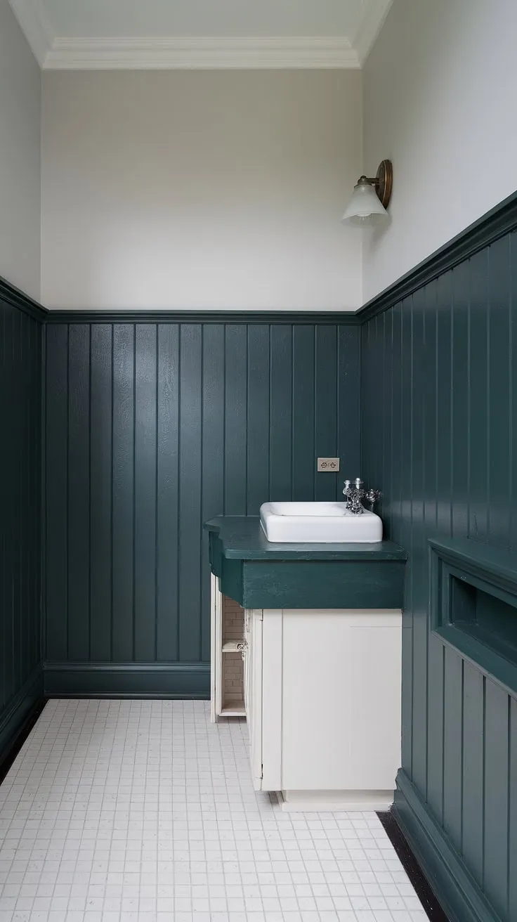 This bathroom's dark green wainscoting, extending nearly to the ceiling, makes a bold statement.  The dark countertop bathroom complements the rich green perfectly, while the light grey walls and white floor keep the space feeling bright and airy.  A stunning example of bathroom wainscoting done right.