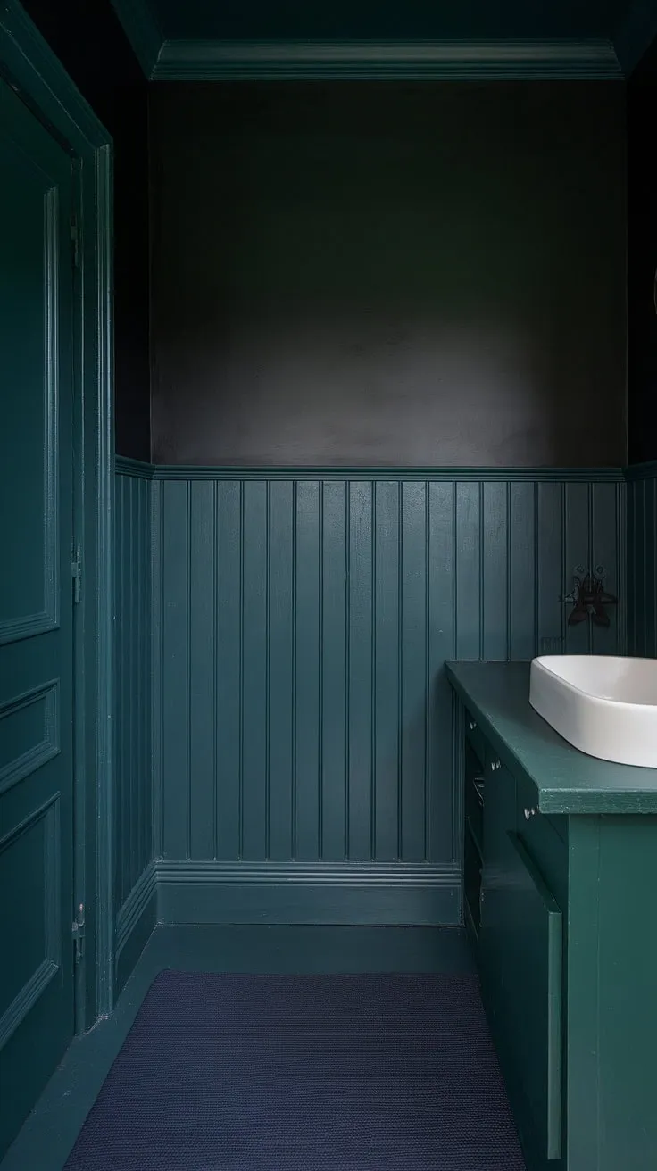 This bathroom wainscoting is a statement piece. The dark wainscoting, a deep shade of green, anchors the space, while the white upper walls maintain a sense of airy brightness.  The dark green bathroom decor is complete with a matching vanity and door, creating a cohesive and moody atmosphere. The dark countertop bathroom adds to the overall luxurious feel.