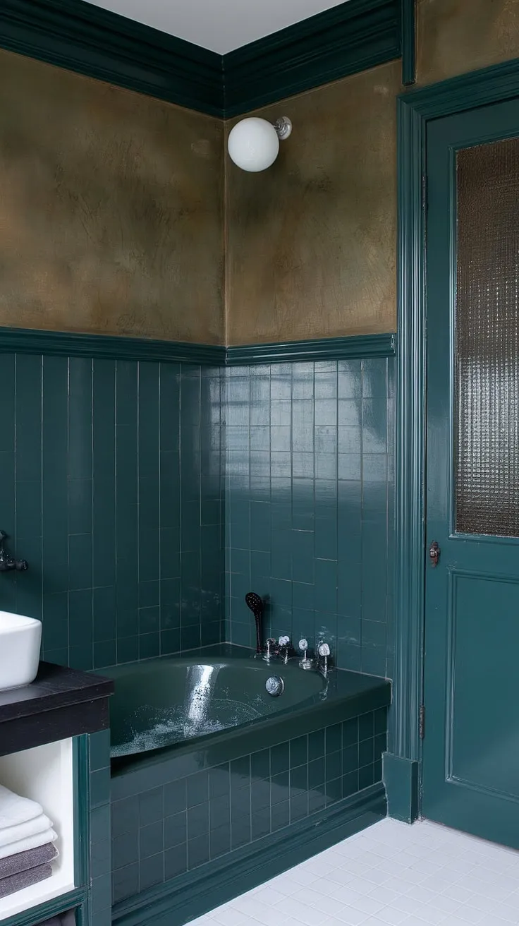 This bathroom wainscoting is a statement piece. The rich, dark green wainscoting, extending halfway up the walls, creates a dramatic yet calming atmosphere.  The contrast with the white tiles and fixtures enhances the dark green bathroom decor, making this space a true sanctuary.