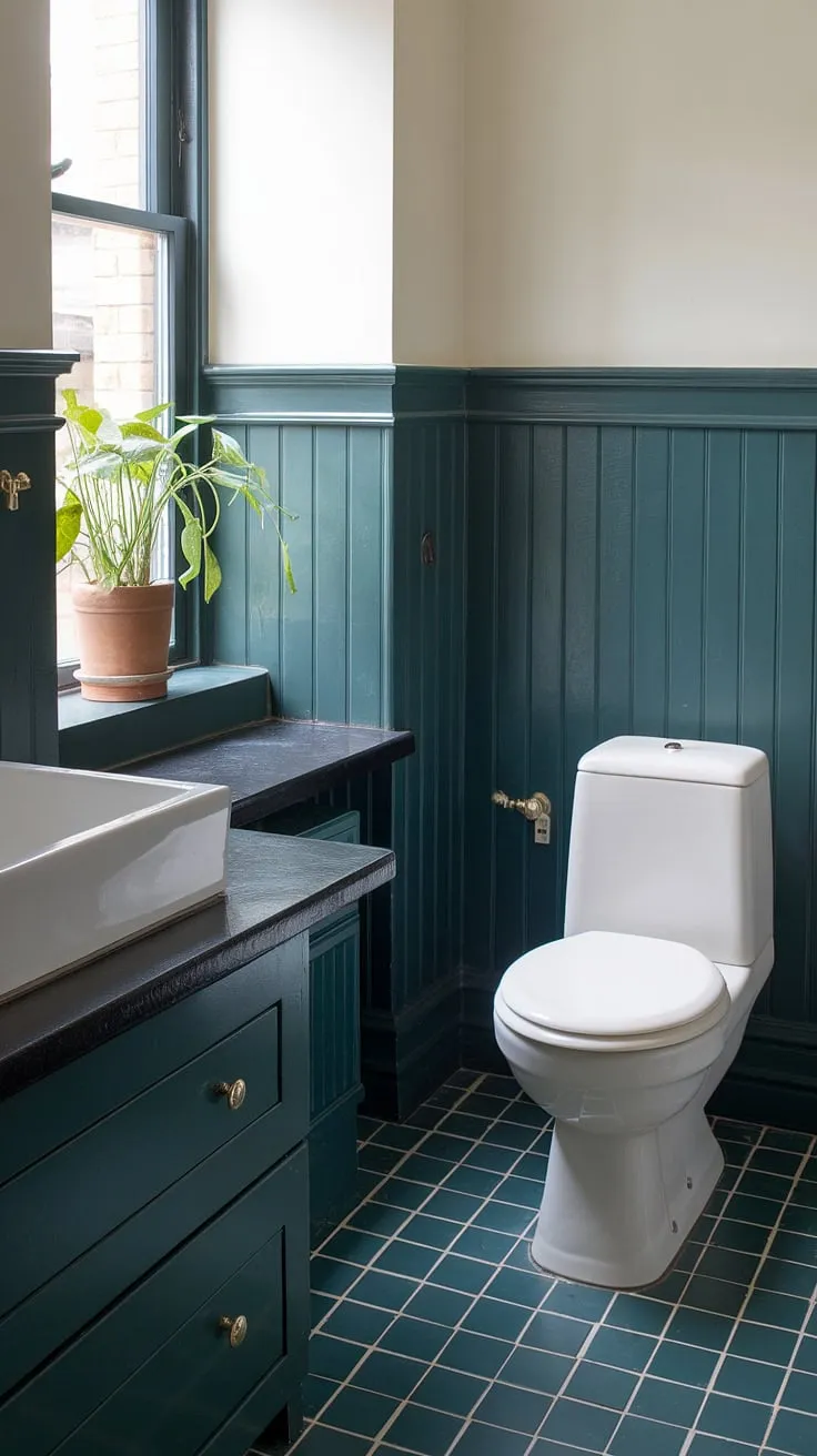 Indulge in the sophisticated serenity of this dark green bathroom decor. The rich dark green wainscoting, extending from floor to sink, creates a dramatic backdrop for the crisp white fixtures, while the dark countertop bathroom adds a touch of modern elegance.  The patterned floor and leafy windowsill plant complete the tranquil ambiance.