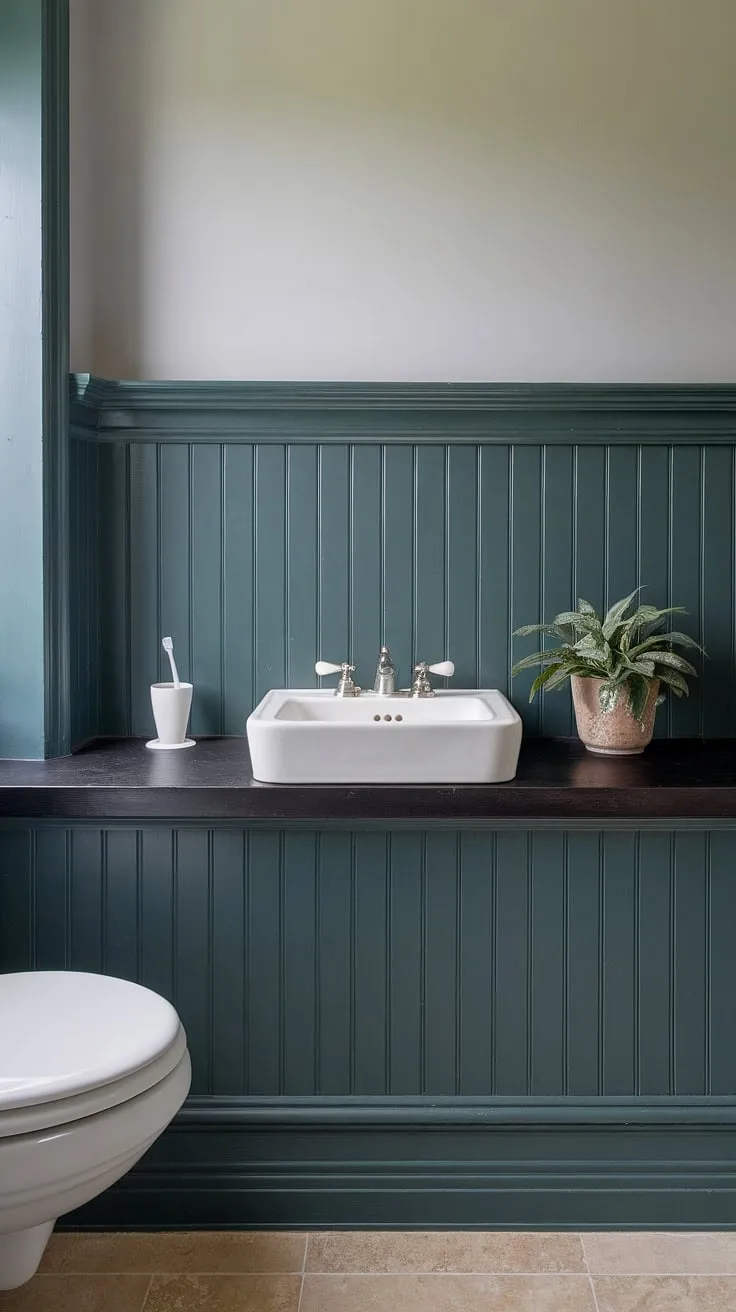 This dark green wainscoting creates a sophisticated and unexpected backdrop for this bathroom, the dark countertop and light gray walls providing a perfect contrast.  The green wainscoting adds a touch of moody elegance to the space, while the simple white sink and plant bring a sense of calm.
